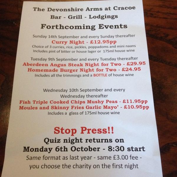DevonshireArmsC's tweet photo. Some fantastic events happening at the Devonshire Arms so why not come and join us. http://t.co/EO6RGj5viy