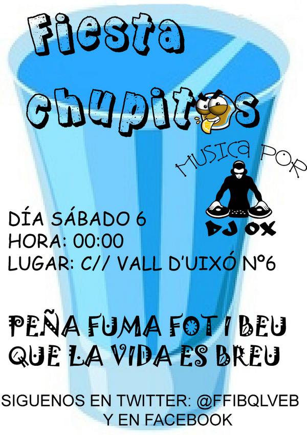 ffibqlveb's tweet photo. FIESTA CHUPITOS
Sábado día 6 de septiembre
Hora: 00:00
Lugar: C// Vall D'Uixó nº6

@ajburriana @MisericordiaBur http://t.co/CedAi4EyVr