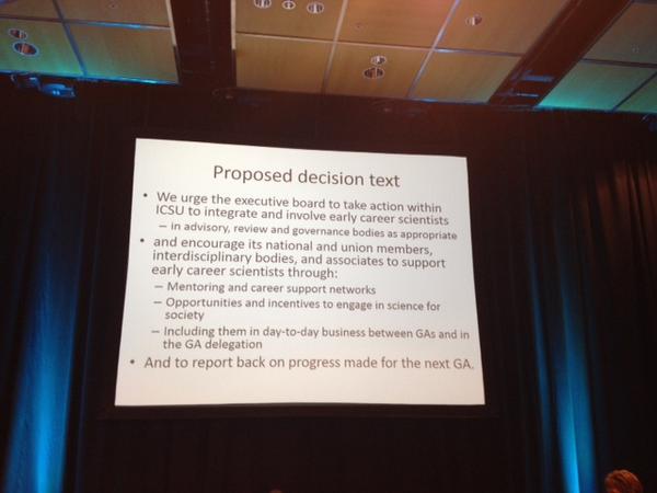 ISC's tweet photo. Proposed decision to #ICSUGA on inclusion of ECS in advisory, review, governance bodies + mentoring networks http://t.co/fX69eiGRZ7