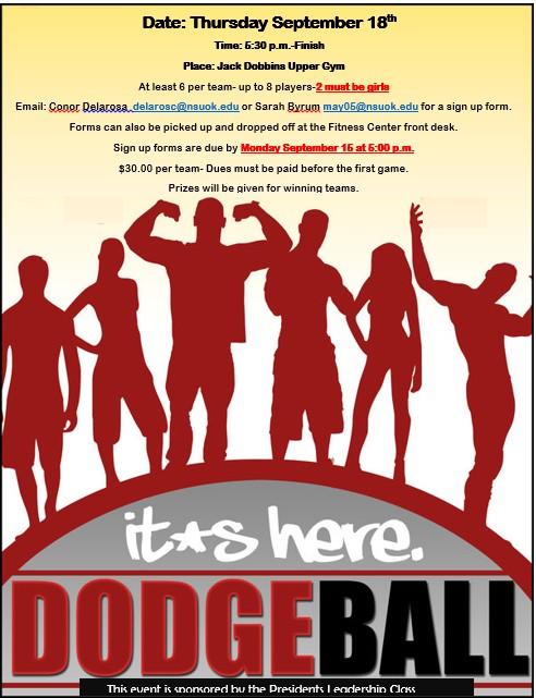 kscdunn's tweet photo. Dodgeball tournament! September 18th. 
@NSU_confess @NSUOK18 http://t.co/qp6BoaQMWi