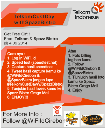 WiFiIdCirebon's tweet photo. besok hari pelanggan nasional, yuk ikut ramein bareng Telkom sama @spazzbistro #TelkomCustDayW/SpazzBistro http://t.co/EGN2tdSRPJ