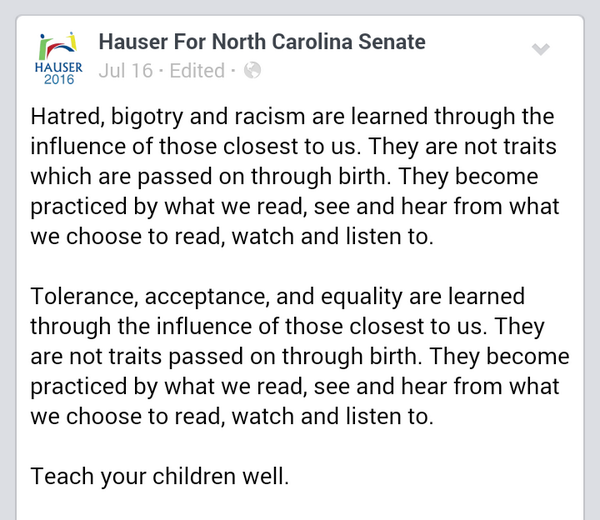 HauserForSenate's tweet photo. Teach your children well. #Racism #Racist #Ferguson #NCPOL #Hauserforsenate http://t.co/OY99GnXVh0