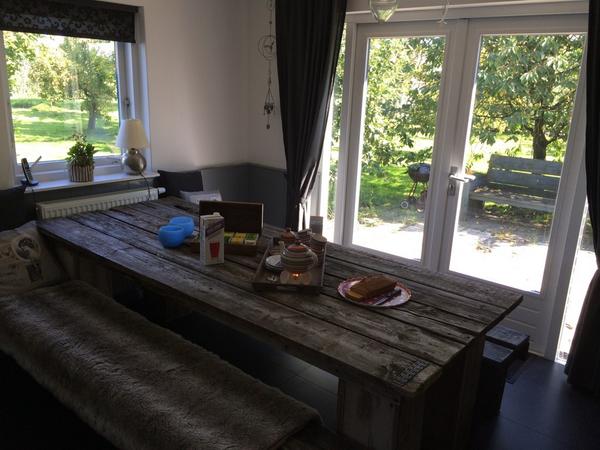 Werden we elke bezichtiging maar zo ontvangen! Cake op tafel en prachtig uitzicht op fruitbomen in Schoonrewoerd!