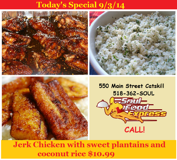 SoulFoodExpress's tweet photo. Today's Special: Jerk Chicken, Sweet Plantains and Coconut Rice. http://t.co/0wAvr0nG4w