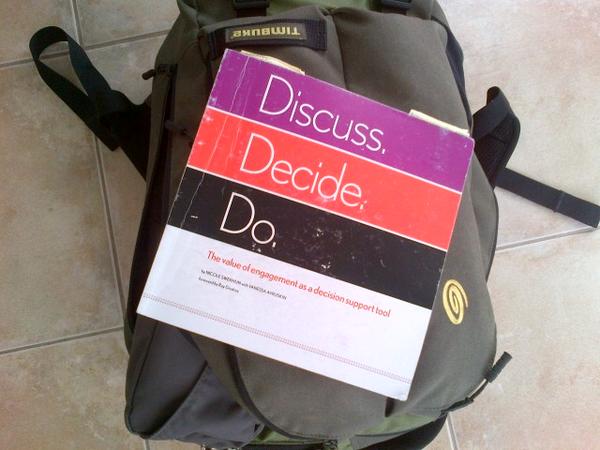 OpenCCE's tweet image. Got my copy of #DiscussDecideDo packed - will be referring to it a lot today! @SwerhunMeets #CommunityOfEngagement