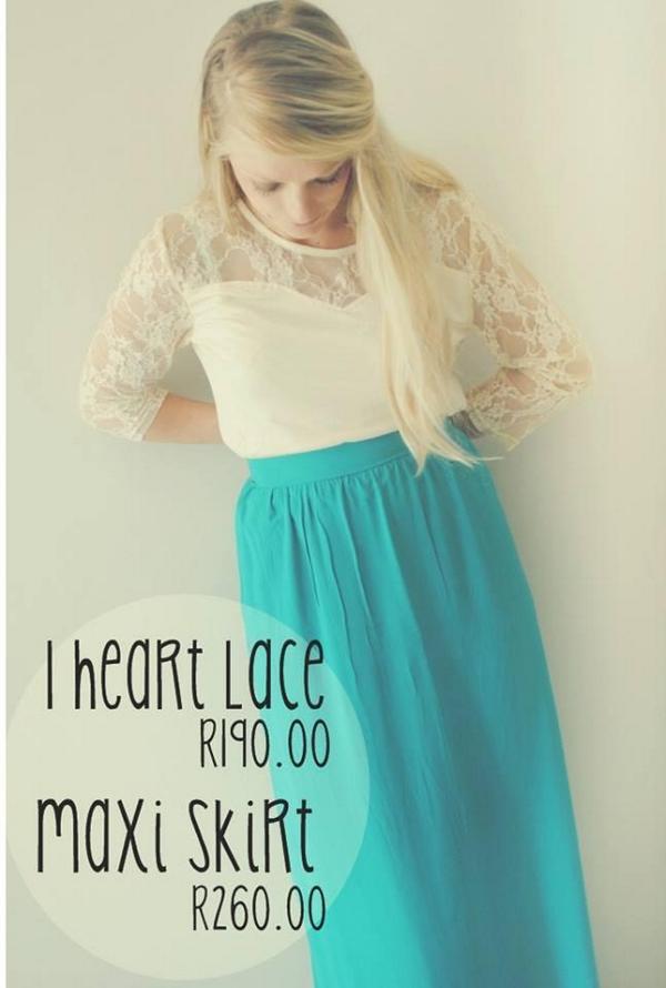 rok_candi's tweet photo. Heart lace top R190.
Maxi skirt R260 (pale pink and turq available)
Free postage this week. 
X http://t.co/hH5FrytSBR