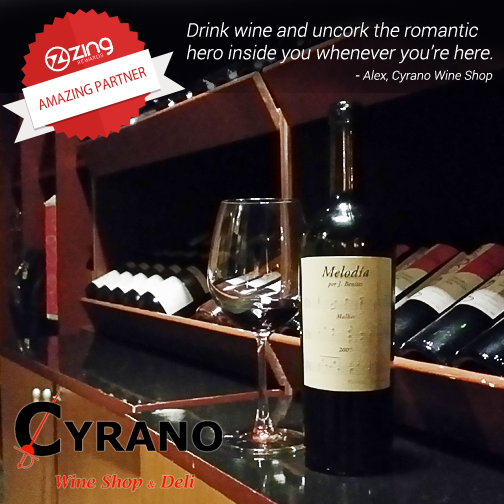 zingrewards's tweet photo. Where words fail, wine speaks. A bottle of Melodia will say 7.5% cashback @ Cyrano Wine Shop, only with #ZingRewards! http://t.co/gKf2dHynbQ