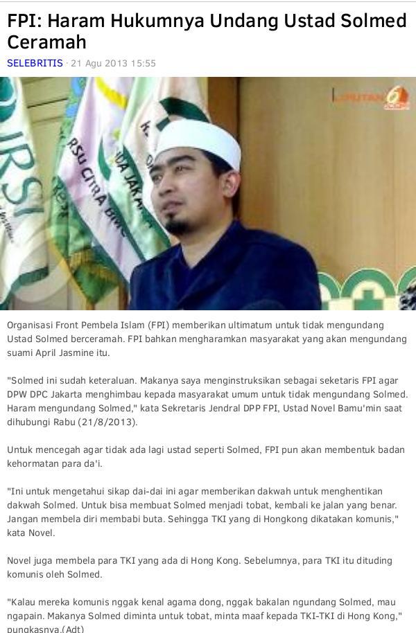 Keterlaluan Solmed bilang TKI di hongkong itu KOMUNIS.. Gak pantes dia jadi Ustadz..Memalukan.. Menurut anda gimana??
