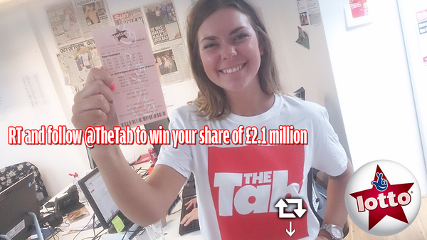 TheTab's tweet photo. Tonight's jackpot is £2,100,000 - we'll share it with everyone who RTs this and follows @TheTab if we win http://t.co/eATq3vo1nc