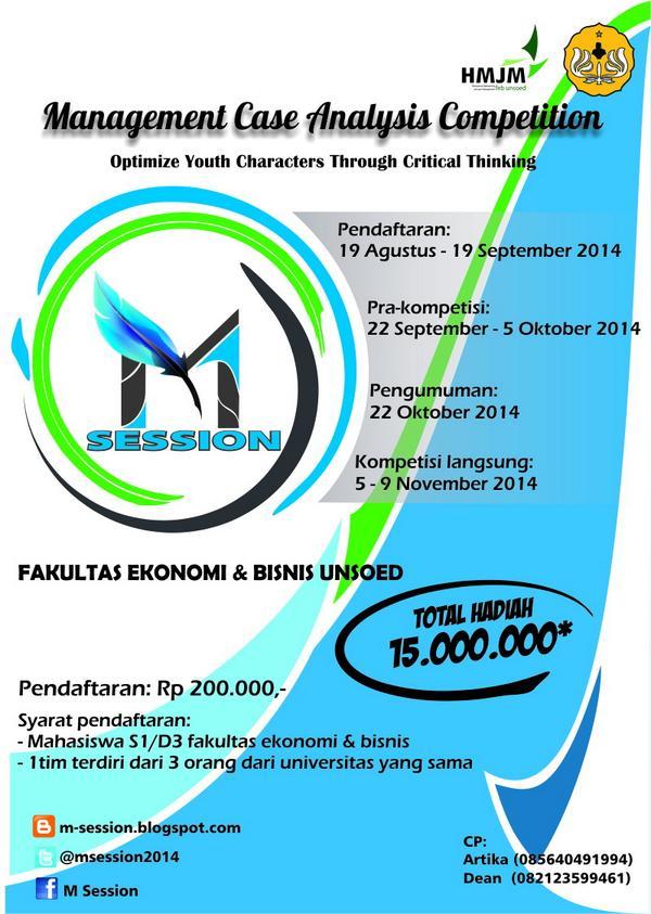 motionfebunsoed's tweet photo. Yuk, ikuti lomba case analysis M-Session 2014. Total hadiah 15jt. Jangan lupa daftarkan tim kalian ya. @BPHMJ_EP http://t.co/tNtl5B1niF