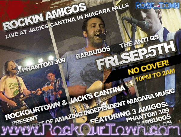 Friday at Jack’s Cantina in Niagara Falls its Phantom 309, <a href="/barbudosmusic/">Barbudos</a> and The Anti-Qs goo.gl/OhyoA4