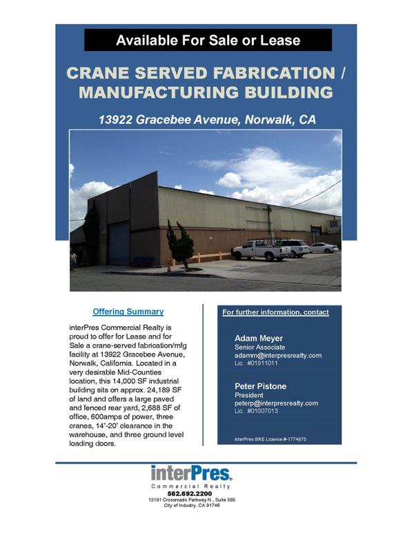 interPres_'s tweet image. For Lease/Sale
 13922 Gracebee Ave
 14,000 SF
 Call us for a tour! (562) 692-2200