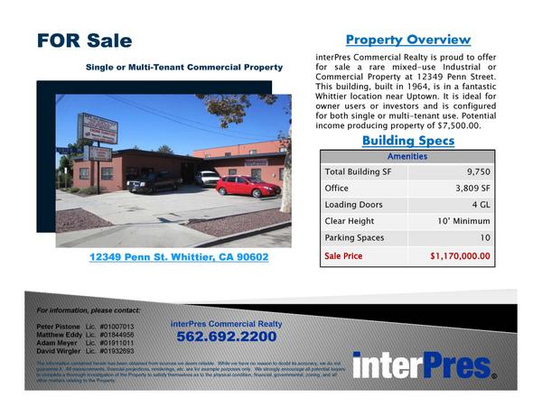 interPres_'s tweet image. For Sale!
12349 Penn St
9,750 SF 
4 Ground Level Loading Doors
Call us for a tour! (562) 692-2200
