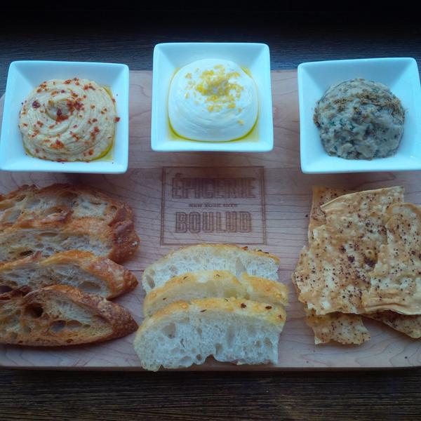 Have you tried our Mediterranean Trio?#BarTapas #Hummus #OliveOilWhippedRicotta #Babaganoush