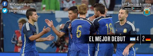 Argentina's tweet photo. El mejor estreno del ciclo Tata Martino: #GER 2 - #ARG 4 http://t.co/CZMNexi3hl