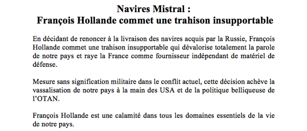 JLMelenchon's tweet photo. Navires #Mistral : François #Hollande commet une trahison insupportable - Communiqué - http://t.co/UTbaInaoSe - http://t.co/ydnppHjnB3