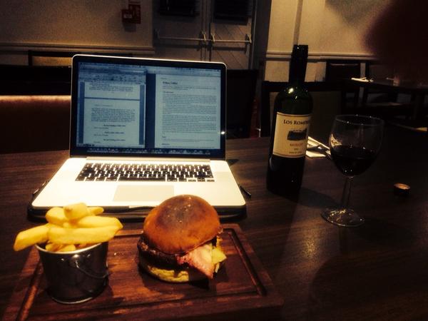 petefaint's tweet photo. How to write a book, lesson one. #burger #redwine #shittyhotel http://t.co/FI2BEgQXr4