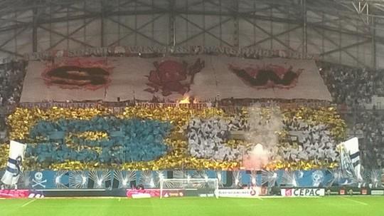 UltrasSupport's tweet image. O. Marseille choreo and pyro against Nice, 30 years of Commando Ultra '84