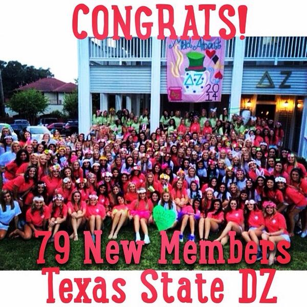 DZSWAlums's tweet photo. Congrats on a great Recruitment, @txstatedz! Welcome to Delta Zeta, PC 14! #DZBidDays #txstdz #txst18 #txstatepanhell http://t.co/2TsW4Oyx2Z