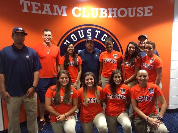 astros's tweet photo. #Astros RBI softball team met George Springer and Tom Lawless at the clubhouse. #RBIWS http://t.co/Dk1n3Es8td