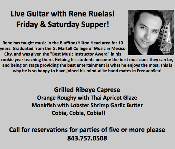 COTTAGEBLUFFTON's tweet photo. Live Guitar w/Rene Ruelas.
Friday &amp; Saturday Supper! Check out our supper menu. reserve your table. #cottagebluffton http://t.co/PbpkTsADRW