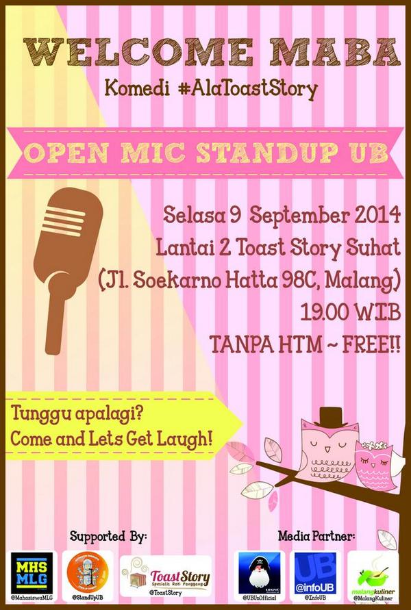 infoUB's tweet photo. Semua Mahasiswa Boleh Hadir nonton Open Mic @StandUpUB di @ToastStory Suhat, selasa 9 Sept http://t.co/iZj9eIxt9s #WelcomeMaba