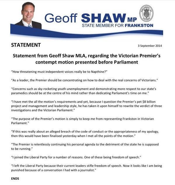 Mrs_DenisN's tweet photo. Shaw’s statement from yesterday in which he says Napthine wants him gone because of opposition to EWlink #springst http://t.co/IOkbyE3to0