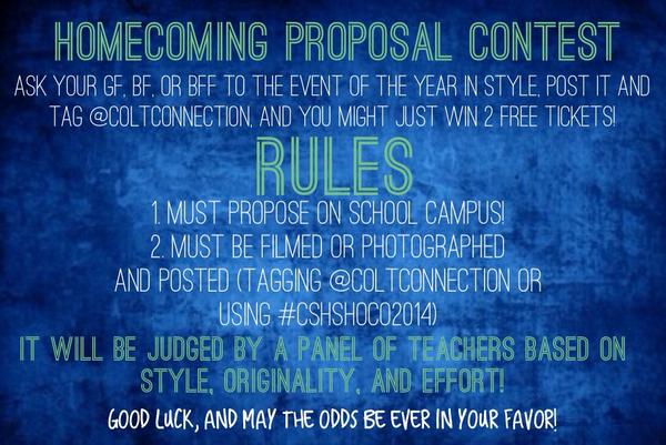 ColtConnection's tweet photo. Hey you! Yes you! Want two free tickets to homecoming? Starting next week and ending on the 19th, start proposing! http://t.co/2HIn9OtdZj