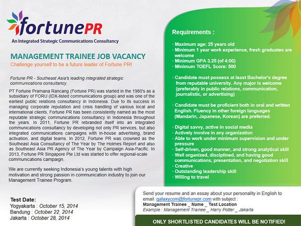 thefortuna_co's tweet image. Tertarik punya karir sebagai PR Consultant? Bisa mulai dengan apply Management Trainee berikut | @indiraabidin