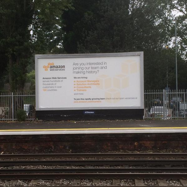 RecruitMark's tweet photo. Interesting AWS outdoor job advertising next to Dimension Data office in Fleet, United Kingdom (0: #talenthacker http://t.co/Y9YdhCgvzf