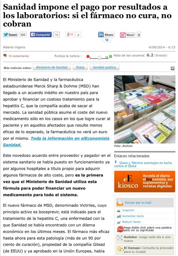 NoInvisibles's tweet photo. Sanidad y laboratorios
pago por resultado
sin cura,no cobran #HepatitisC
http://t.co/SVcpUh8Cbh
Vía @elEconomistaes
http://t.co/9rNya8P3uX