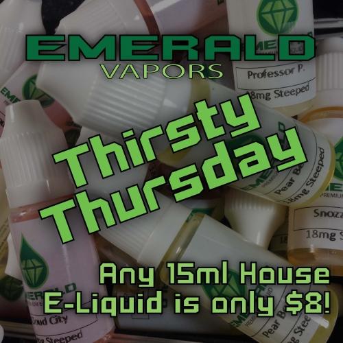 EmeraldVapors's tweet photo. O snap!Its Thirsty Thursday here at Emerald Vapors!!! #kickashes #vapelife #vapelyfe #ecigs #eliquid #BallOutVapeOut http://t.co/lcQuYWT2pJ
