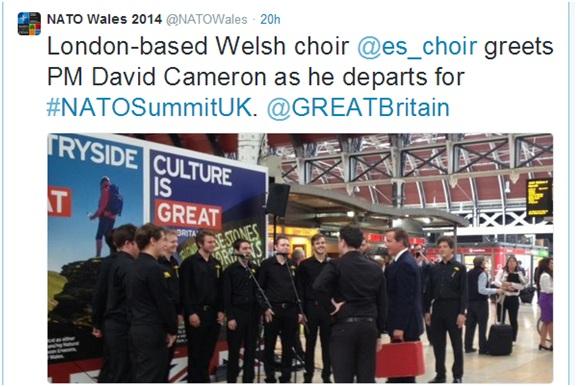 UKinGeorgia's tweet photo. Amb Alex happy to see #Welsh choir #Eschoir,who were in #Tbilisi,singing for @David_Cameron as he heads to@NATOWales. http://t.co/Dj7SvWJGQb