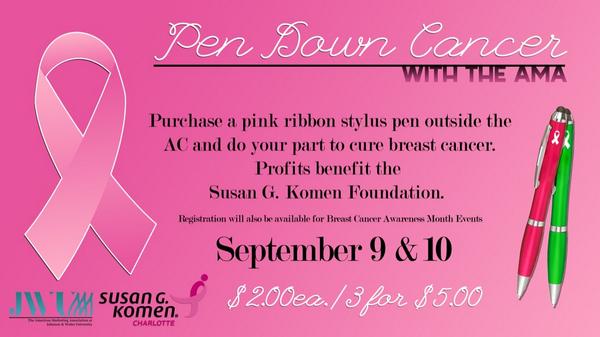 JWUAMA's tweet photo. Pick up a few cool stylus pens before class the first day! Proceeds benefit @komencharlotte! #pendowncancer #JWUCLT http://t.co/NKwY0S7aj2