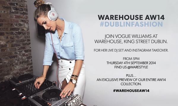 TheGlossMag's tweet photo. After-work fun? #DublinFashion and @WareStyle host the Fash Bash this eve. DJ set &amp; the #WarehouseAW14 collection! http://t.co/K3L3MBp45H