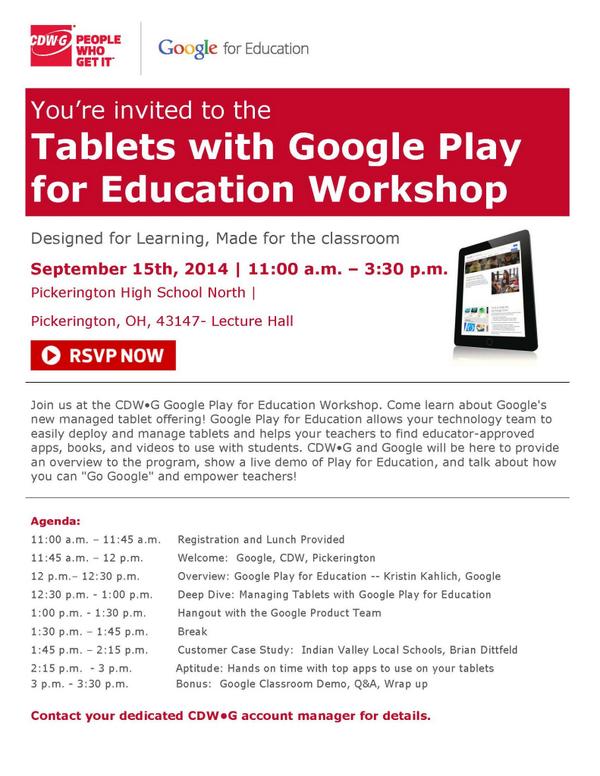 jcasap's tweet image. Columbus #OhioEdTech K12&apos;s Learn about @GoogleForEdu Tablet offering
at @PLSD Register here goo.gl/wvFcj6