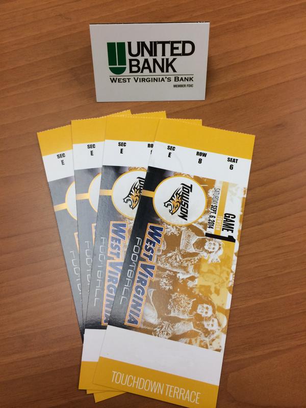 WVUfootball's tweet photo. #WVU-Towson tix on sale at http://t.co/fQWEVYE3TS. RT for a chance to win four TD Terrace tickets from United Bank! http://t.co/rZKTvruofN
