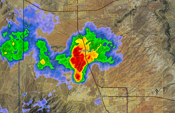 NWSTucson's tweet image. 148 PM: Storm near #Huachuca City will produce locally heavy rain (0.25 to 0.75") and wind gusts to 45MPH #azwx
