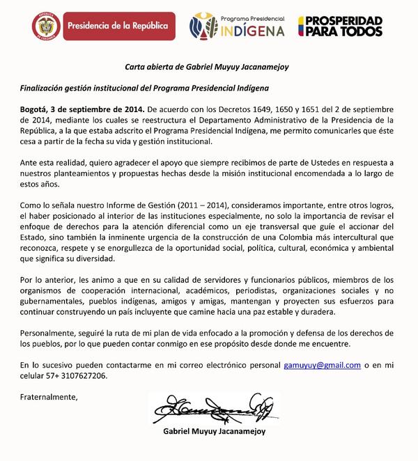 GMuyuy's tweet photo. #CARTAABIERTA de #GabrielMuyuy sobre final de labores en Programa Presidencial Indígena #GraciasTotales http://t.co/YGMXc1yQL1