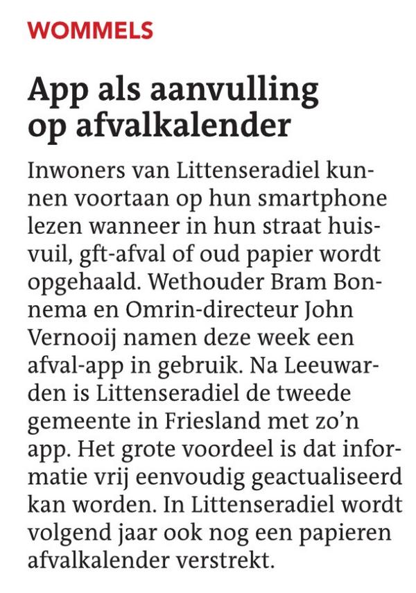 Okkinga's tweet photo. Handig! De afval app van Omrin is nu ook voor Littenseradiel. Ontstaan uit samenwerking Okkinga en @Freed #trots http://t.co/TvB9DiWVov