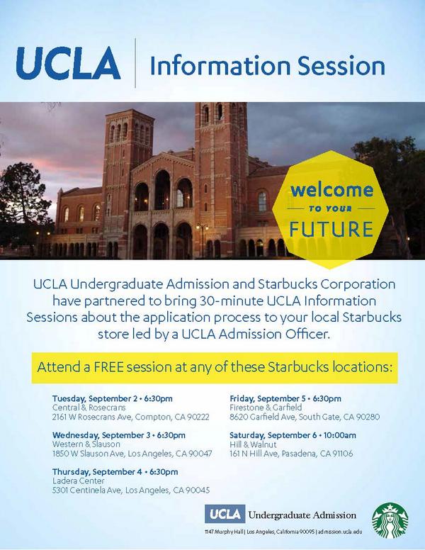 UCLATransfer's tweet photo. Don't forget! @UCLA Information Sessions at @Starbucks continue tonight at 6:30 PM @ Ladera Center store! JOIN US http://t.co/NwOiT2Ed5A