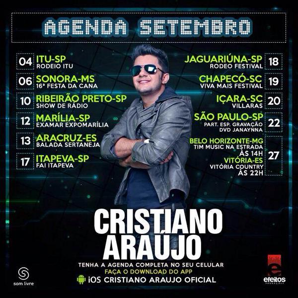 CristianoAraujo's tweet photo. Boa tarde meus amores! Olha a agenda de setembro aí, espero vocês hein?! http://t.co/xb3Ux3UNwr