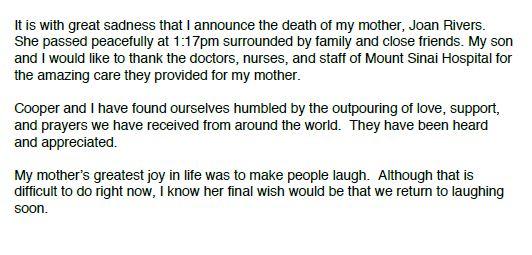 "My mother's greatest joy in life was to make people laugh." Melissa Rivers has released this statement. #JoanRivers