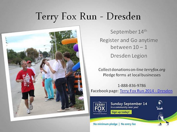DresdenON's tweet photo. @DresdenON #TerryFoxRun September 14 2014.  10AM-1  Dresden Legion Register and go anytime #ckont http://t.co/mZnIf4VfVh