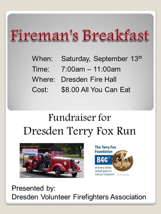 DresdenON's tweet photo. Fireman's Breakfast in Support of @DresdenON #TerryFoxRun Sept 13. 7AM-11. All you Can Eat $8.00  Fire Hall #ckont http://t.co/Yn2ruvukJT