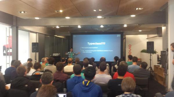 kalmanb's tweet image. .@echojc taking us through #typeclasses. Hope I can keep up. #scaladu