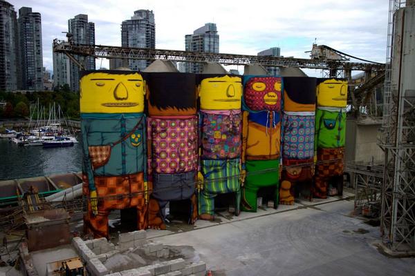 streetartnews's tweet photo. Os Gemeos Paints Six Enormous Silos - Vancouver, Canada #streetart http://t.co/ZRIF03QcQM http://t.co/j38GDovYkM