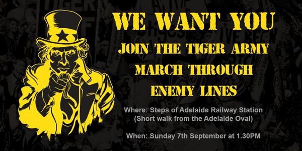 sharon (@buzzito) on Twitter photo <a href="/nickvlastuin/">Nick Vlastuin</a> Please RT: Tiger Army march from Adelaide Railway Station to Adelaide Oval.1.30pm Sunday #daretodream <a href="/nickvlastuin/">Nick Vlastuin</a> Please RT: Tiger Army march from Adelaide Railway Station to Adelaide Oval.1.30pm Sunday #daretodream