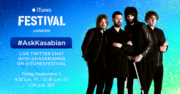 itunesfestival's tweet image. .@KasabianHQ chat with us today, 5 Sept at 5:30pm UK/12:30pm ET/9:30am PT. Join us. #AskKasabian.