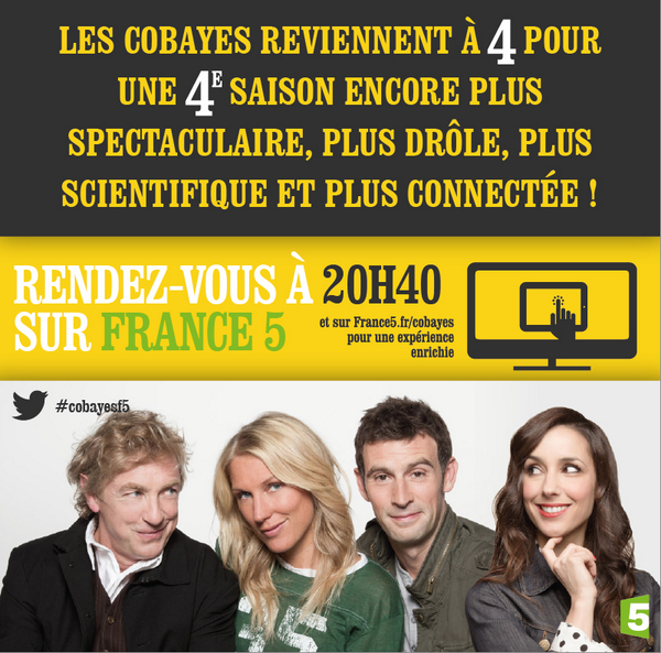 cobayesf4's tweet photo. #FF #france5 et #FTVen pour une rentrée ultra-connectée! On vous attend nombreux devant les #cobayesf5 à 20h40 http://t.co/1EnRIp1juk